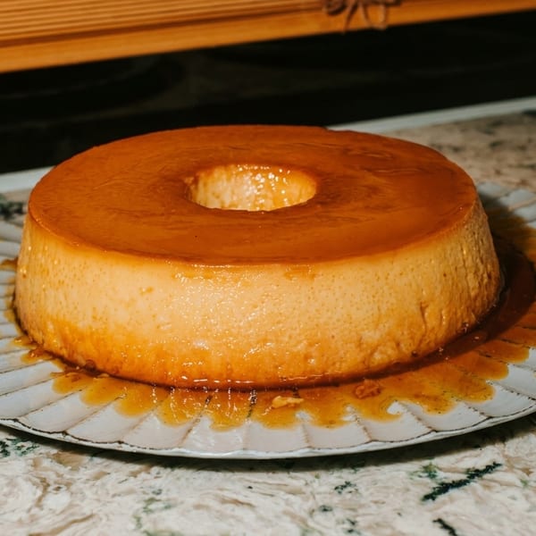 A golden-brown flan with caramel sauce on a decorative plate, ready to be served.
