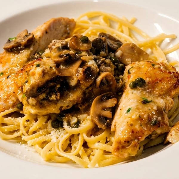 Chicken piccata with mushrooms and capers over linguine pasta in a white bowl.
