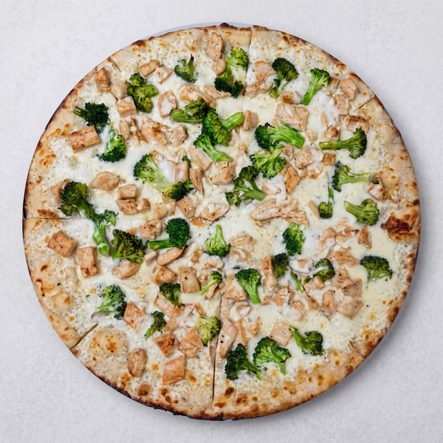 Chicken Broccoli Alfredo Pizza.